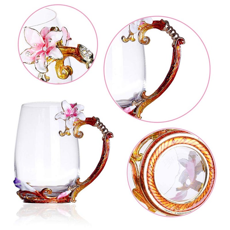 Mooduuty Tea Cup, Motherâ€™s Day Gifts, Coffee Mug Cups, Lily Flower Glass Tea Cup, Unique Personalized Birthday Present Ideas for Women Grandma Mom Teachers Hot Beverages 13OZ Pink - Image 3